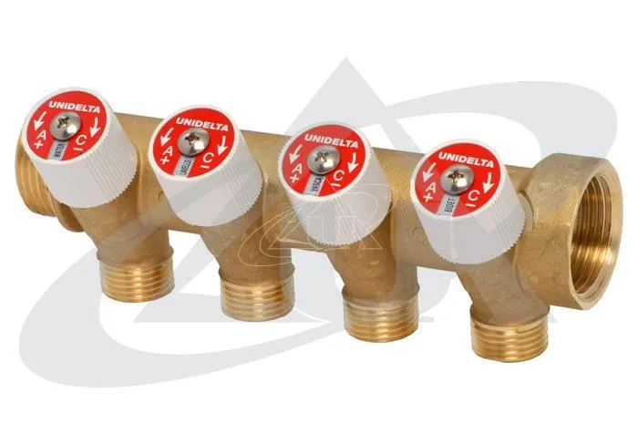 unidelta-4098-messing-verteiler-4-fach-mit-regulierventilen-heizkreisverteiler image 1