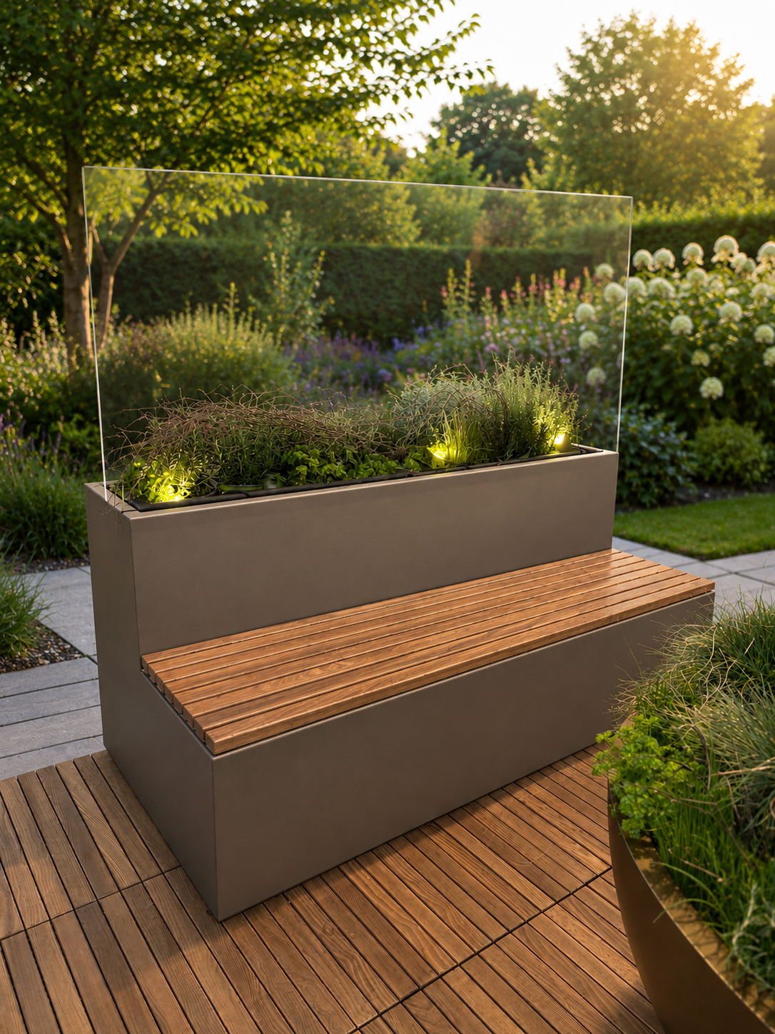 gartensilber-sitzbank-mit-glas-windschutz-und-pflanzgef image 5